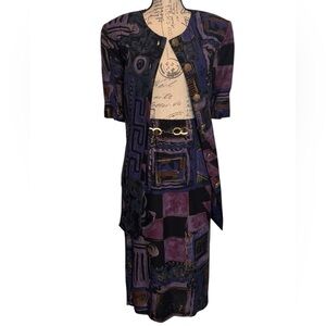 Jeffrey & Dara Vintage Purple Multicolored Geometric Two Piece Shirt Set Size 14